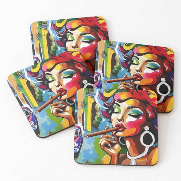 Item preview, Stylized Woman with Colorful Features Enjoying Cigar Against Classic Car and Vibrant Cityscape designed and sold by OlfactoART Studio.