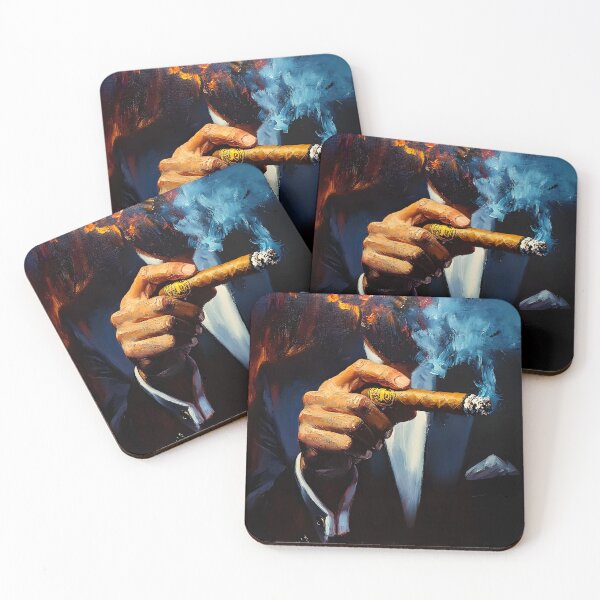 Item preview, Cigar Aficionado Holding a Lit Cigar with Blue Smoke Against a Dark Dramatic Background designed and sold by OlfactoART Studio.