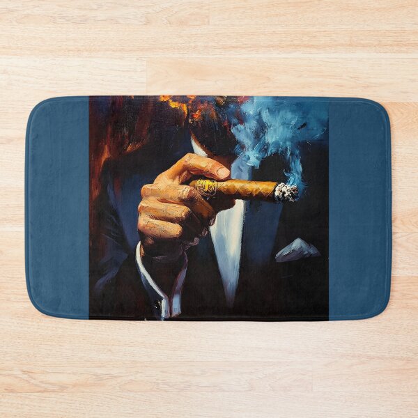 Item preview, Cigar Aficionado Holding a Lit Cigar with Blue Smoke Against a Dark Dramatic Background designed and sold by OlfactoART Studio.