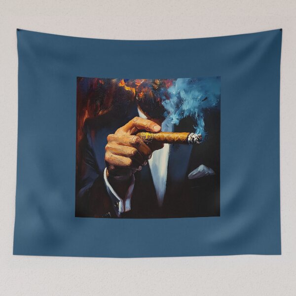 Item preview, Cigar Aficionado Holding a Lit Cigar with Blue Smoke Against a Dark Dramatic Background designed and sold by OlfactoART Studio.