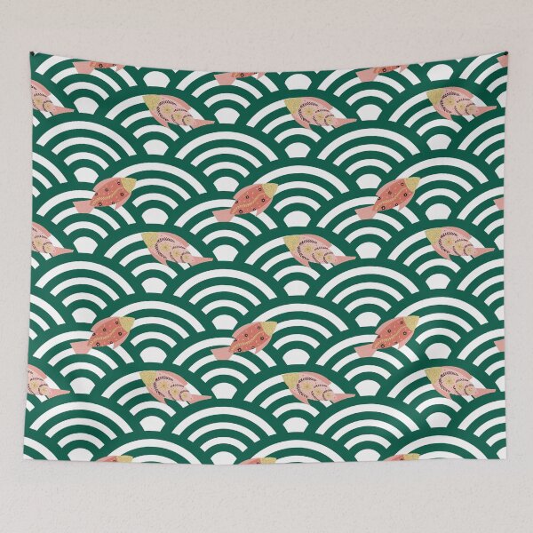 Item preview, Green seigaiha waves and copper floral fishes designed and sold by Home Cyn Home.
