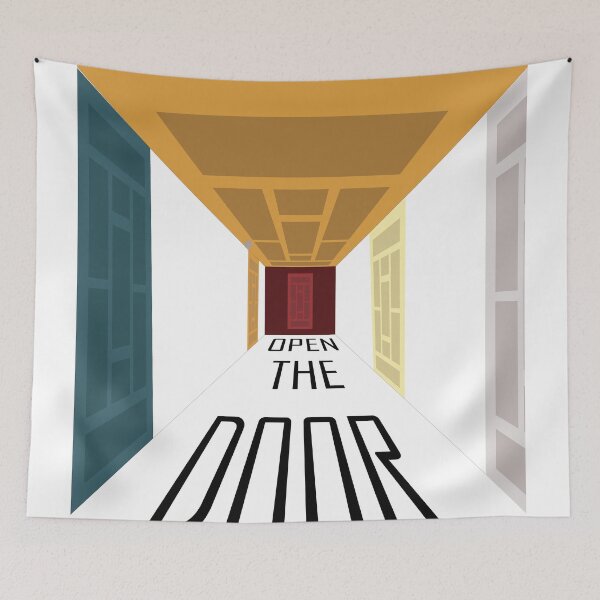 Item preview, Hallway with colorful doors and 'Open the Door' designed and sold by Unlimited1999.