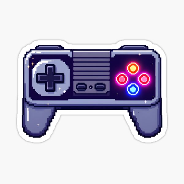 Vista previa del artículo con la obra «Controlador de juegos retro de píxeles con botones brillantes», diseñado y vendido por Jollys-ArtShop.