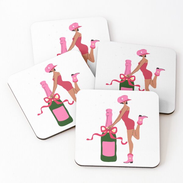 Item preview, A woman in a pink dress holding a bottle of champagne in a cowboy hat and boots.  designed and sold by Innamalinka.