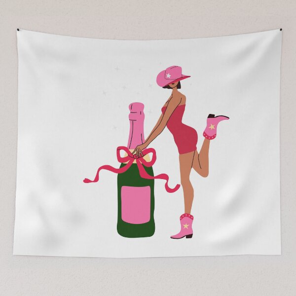 Item preview, A woman in a pink dress holding a bottle of champagne in a cowboy hat and boots.  designed and sold by Innamalinka.
