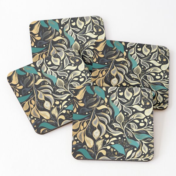Item preview, Golden Turquoise Black Night Leaves Pattern designed and sold by GrinGalore.