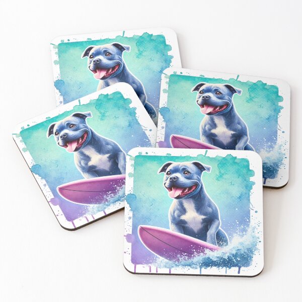 Item preview, Cool Happy Blue Staffy Surfing Colorful Watercolor Portrait designed and sold by MaedK.