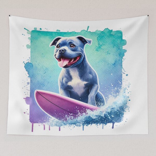 Item preview, Cool Happy Blue Staffy Surfing Colorful Watercolor Portrait designed and sold by MaedK.
