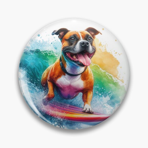 Item preview, Cool Happy Red Staffy Surfing Colorful Watercolor Portrait designed and sold by MaedK.