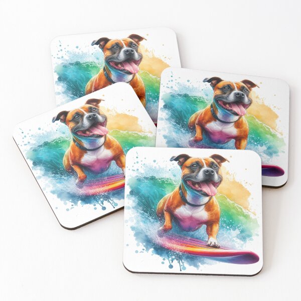 Item preview, Cool Happy Red Staffy Surfing Colorful Watercolor Portrait designed and sold by MaedK.