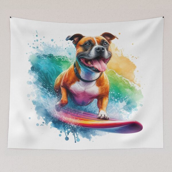 Item preview, Cool Happy Red Staffy Surfing Colorful Watercolor Portrait designed and sold by MaedK.