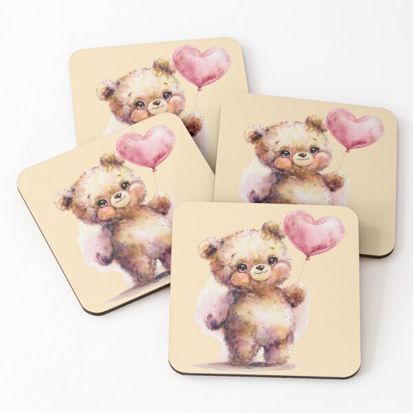 Item preview, fluffy teddy bear standing upright while holding a pink heart-shaped balloon designed and sold by 123ks.