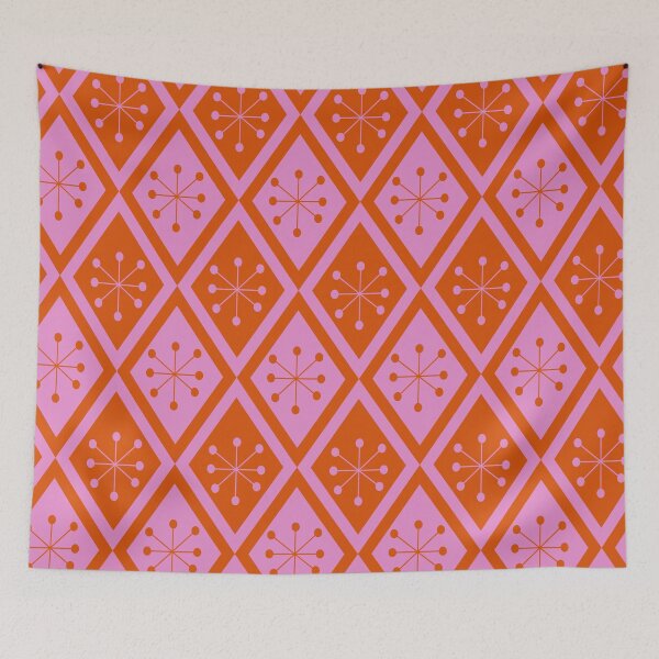 Item preview, Mid Century Atomic stars on pink and orange retro diamonds pattern designed and sold by Yasminepatterns .