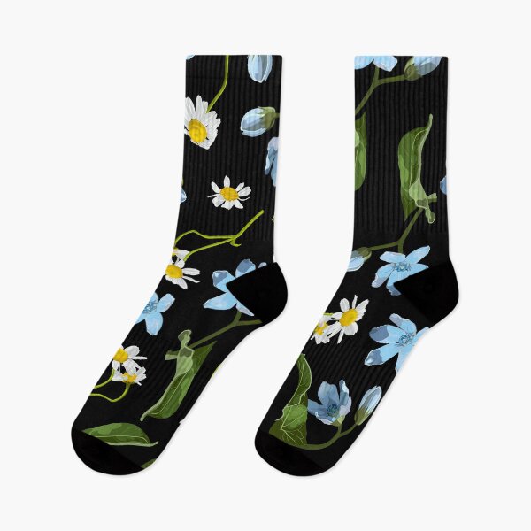 Item preview, Seamless pattern with blue oxypetalum, camomille flowers, a black background. Hand drawn sketch. designed and sold by MatyKotiv.