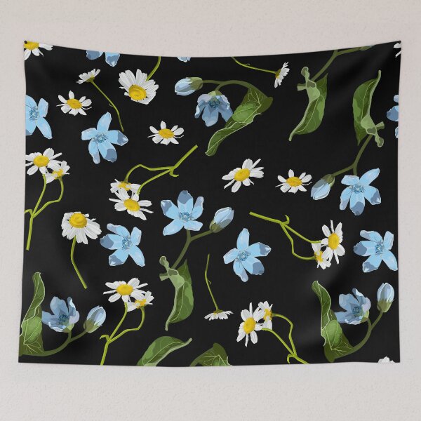 Item preview, Seamless pattern with blue oxypetalum, camomille flowers, a black background. Hand drawn sketch. designed and sold by MatyKotiv.