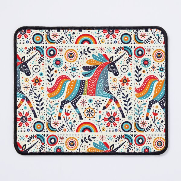 Item preview, Scandinavian Folk Art Rainbow Unicorn – Vibrant Red, Blue, Orange Fantasy Design by heidiannemorris designed and sold by FOLK ART FUSION.