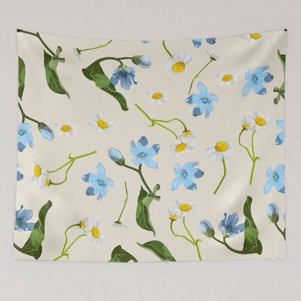 Item preview, Seamless pattern with blue oxypetalum, camomille flowers, a beige background. designed and sold by MatyKotiv.