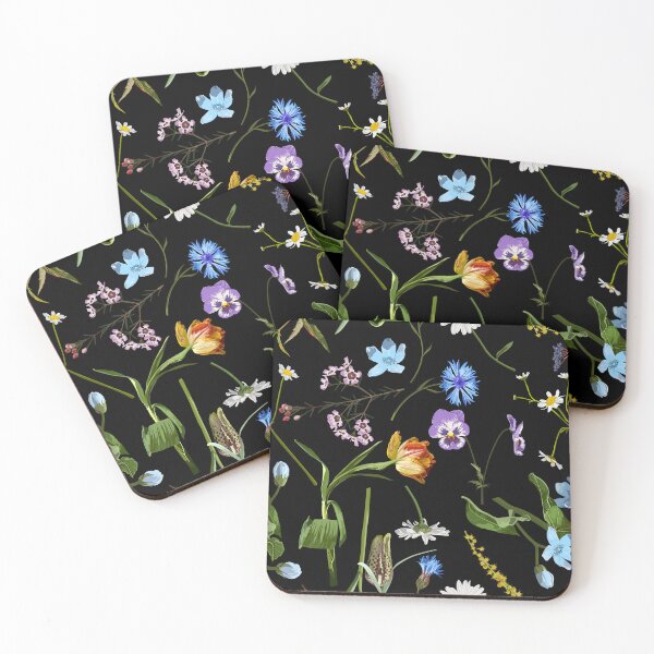 Item preview, Seamless pattern with yellow blue flowers, oxypetalum, tulip, daffodil, camomille flower a black background. designed and sold by MatyKotiv.