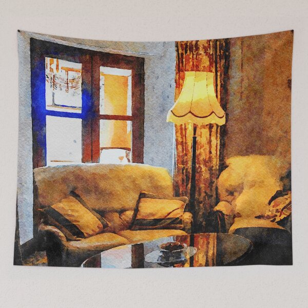 Item preview, Cozy living room with vintage decor and warm lighting designed and sold by GestaltImagery.