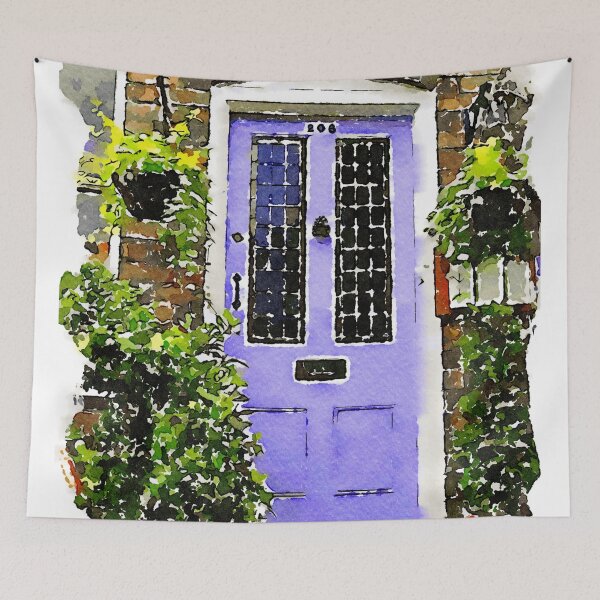 Item preview, Charming watercolor of a rustic purple door with green plants designed and sold by GestaltImagery.