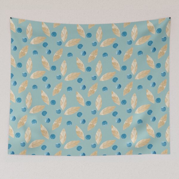 Item preview, Beige watercolor bay or eucalyptus leaves and blue berries botanical illustration on blue background designed and sold by helga-wigandt.