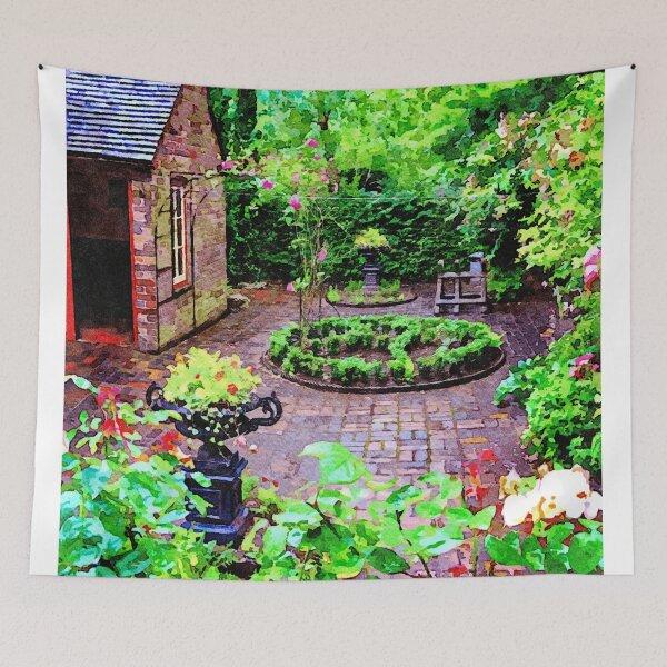 Item preview, Charming garden courtyard in West Midlands, England captured in watercolor artistry designed and sold by GestaltImagery.