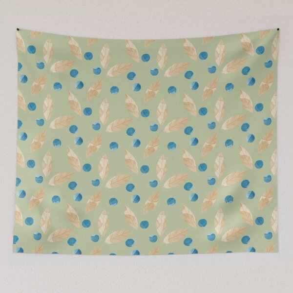 Item preview, Beige watercolor bay or eucalyptus leaves and blue berries botanical illustration on green background designed and sold by helga-wigandt.