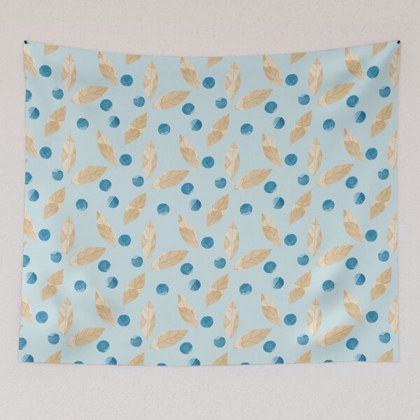 Item preview, Beige watercolor bay or eucalyptus leaves and blue berries botanical illustration on light blue background designed and sold by helga-wigandt.