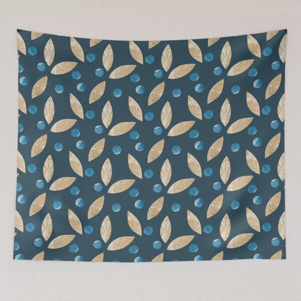 Item preview, Beige watercolor bay or eucalyptus leaves and blue berries botanical illustration on dark blue background designed and sold by helga-wigandt.