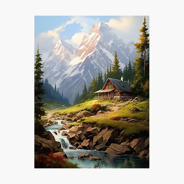 Item preview, Forest river with cabin in Summer - Landscape painting designed and sold by TheArtistOf2022.