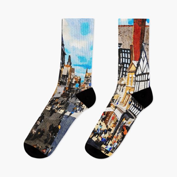 Item preview, Chester street view in watercolor capturing historic architecture and bustling crowds designed and sold by GestaltImagery.