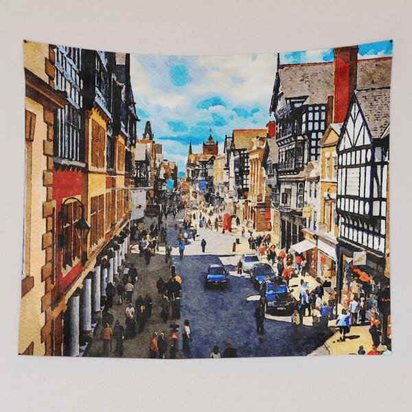 Item preview, Chester street view in watercolor capturing historic architecture and bustling crowds designed and sold by GestaltImagery.