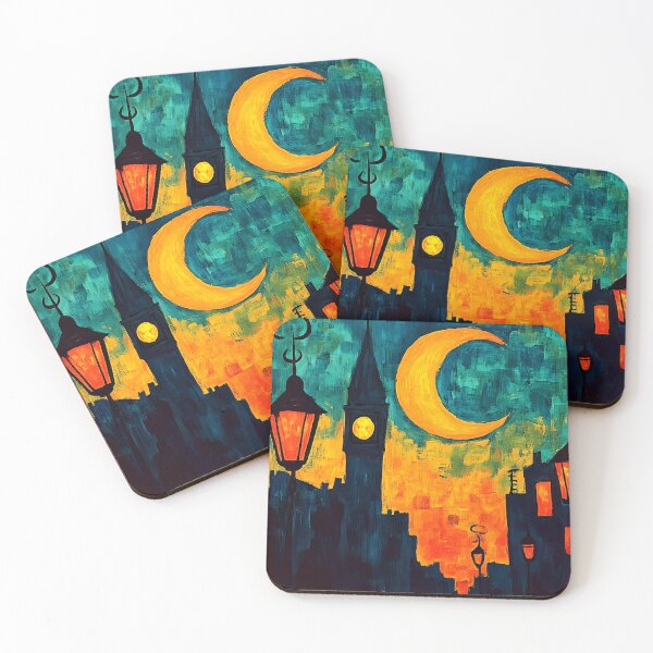 Item preview, Ramadan Night Over London - Crescent Moon and Illuminated Cityscape in Mystical Yellow and Blue designed and sold by OlfactoART Studio.