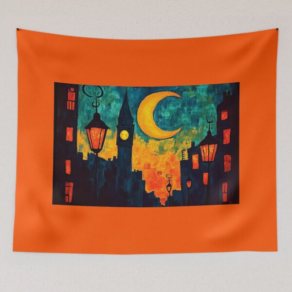 Item preview, Ramadan Night Over London - Crescent Moon and Illuminated Cityscape in Mystical Yellow and Blue designed and sold by OlfactoART Studio.