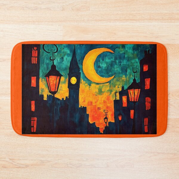 Item preview, Ramadan Night Over London - Crescent Moon and Illuminated Cityscape in Mystical Yellow and Blue designed and sold by OlfactoART Studio.