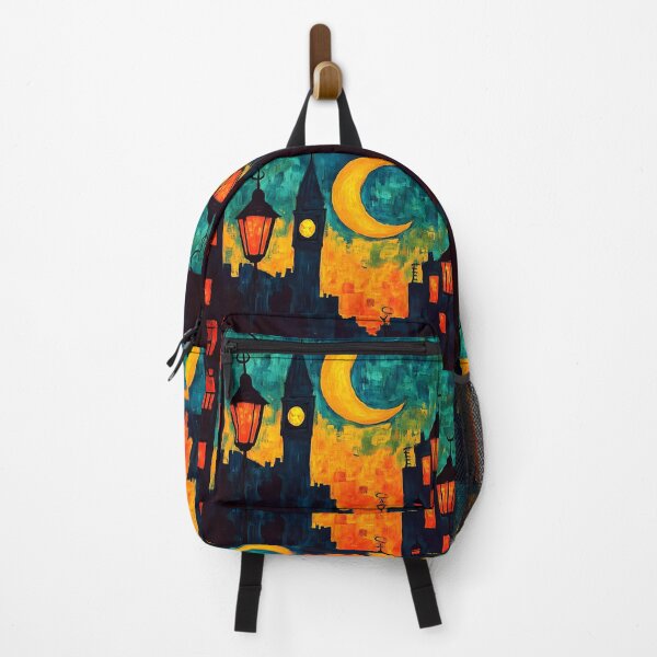 Item preview, Ramadan Night Over London - Crescent Moon and Illuminated Cityscape in Mystical Yellow and Blue designed and sold by OlfactoART Studio.