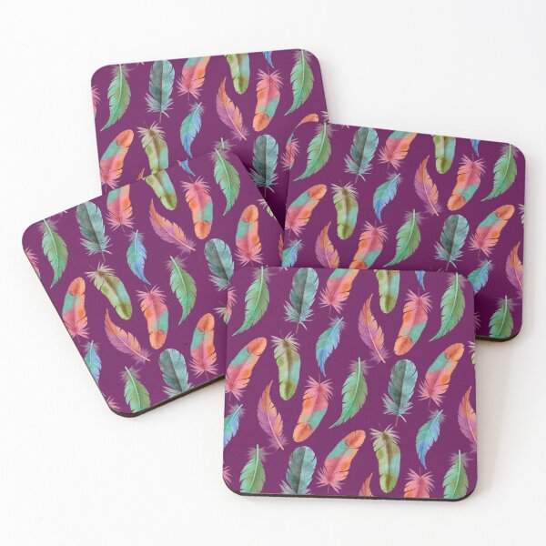 Item preview, Colorful Watercolor Feathers on Deep Plum designed and sold by Elisabeth Coelfen.
