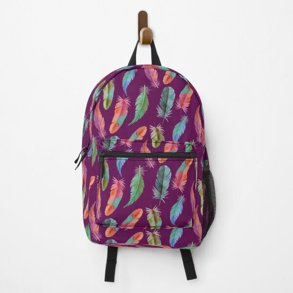 Item preview, Colorful Watercolor Feathers on Deep Plum designed and sold by Elisabeth Coelfen.