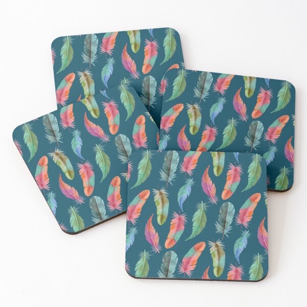 Item preview, Colorful Watercolor Feathers on Deep Teal designed and sold by Elisabeth Coelfen.