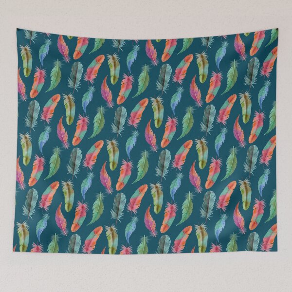 Item preview, Colorful Watercolor Feathers on Deep Teal designed and sold by Elisabeth Coelfen.