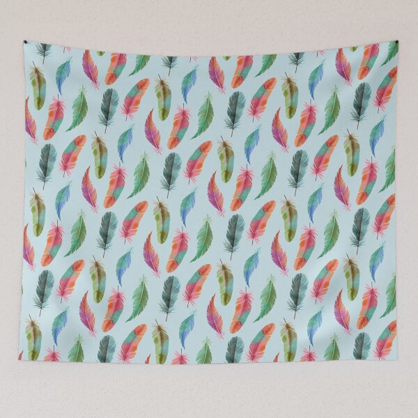 Item preview, Colorful Watercolor Feathers on Light Aqua designed and sold by Elisabeth Coelfen.