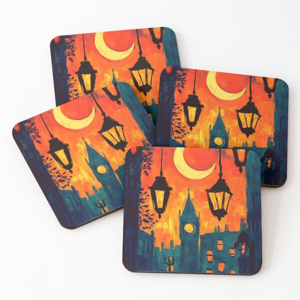 Item preview, London Ramadan Lanterns Glow Beneath a Crescent Moon and Fiery Sunset Sky designed and sold by OlfactoART Studio.