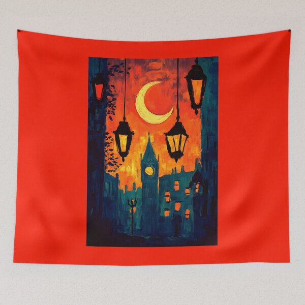 Item preview, London Ramadan Lanterns Glow Beneath a Crescent Moon and Fiery Sunset Sky designed and sold by OlfactoART Studio.