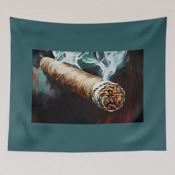 Item preview, Lit Cigar Emitting Curling Smoke with Glowing Embers and Rich Textures Abstract Digital AI Art designed and sold by OlfactoART Studio.