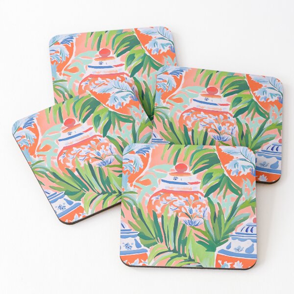 Item preview, Grandmillennial palm leaves and orange ginger jars designed and sold by SophieClimaArt.