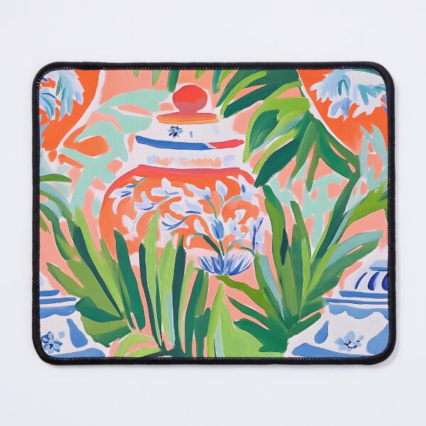 Item preview, Grandmillennial palm leaves and orange ginger jars designed and sold by SophieClimaArt.