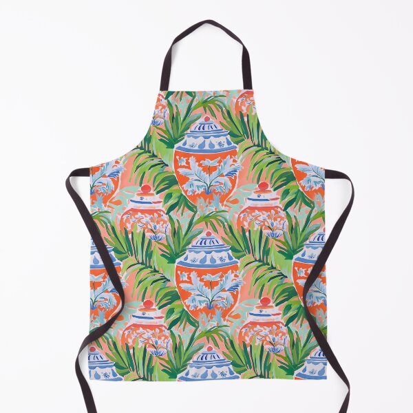 Item preview, Grandmillennial palm leaves and orange ginger jars designed and sold by SophieClimaArt.