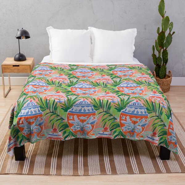 Item preview, Grandmillennial palm leaves and orange ginger jars designed and sold by SophieClimaArt.