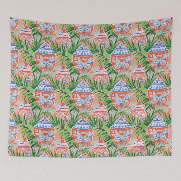 Item preview, Grandmillennial palm leaves and orange ginger jars designed and sold by SophieClimaArt.