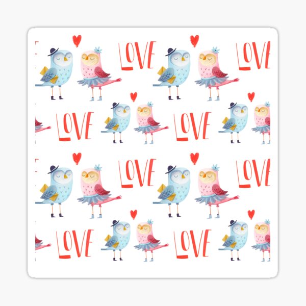 Item preview, Blue and pink canaries looking at each other, with 'love' displayed in the center. designed and sold by FestivityFinds.